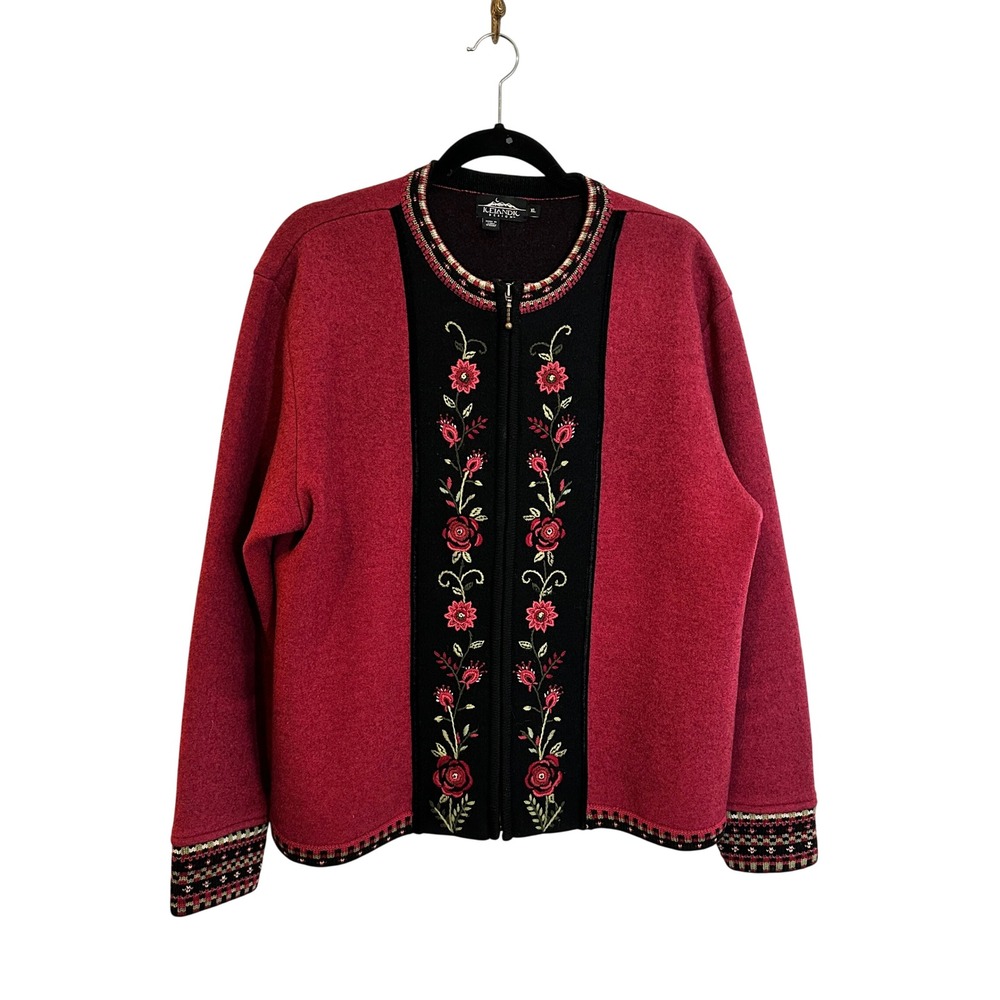 Icelandic Design Wool Jacket Size XL Burgundy Red Floral Embroidered Nordic